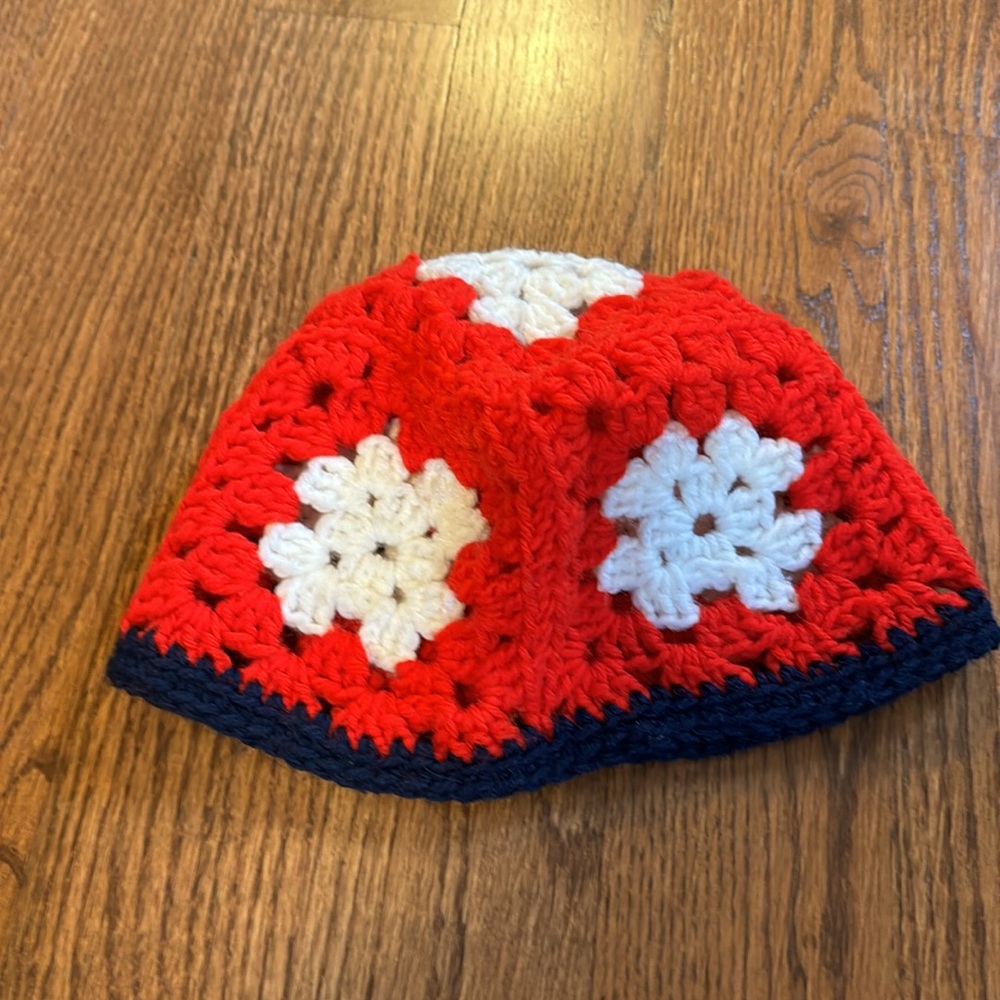 Handmade crocheted granny square beanie hat red white blue